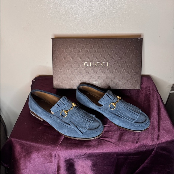 Authentic Men's Gucci Blue Suede Horsebit Dress Shoe With Tassels Size 10 - Picture 1 of 4